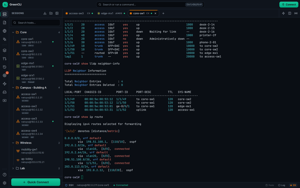 Main window: an AOS-CX session with show output, saved hosts in folders on the left.