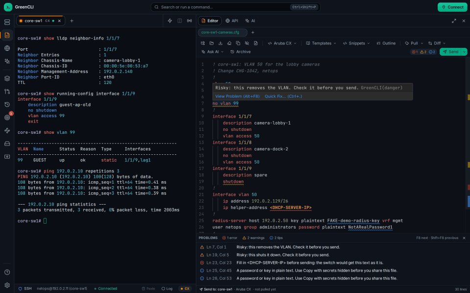 Config Editor: an Aruba CX change with squiggles, the Problems list and where Send goes.