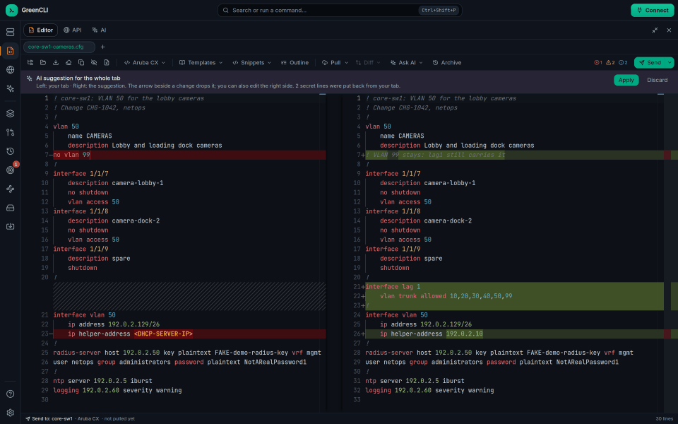 Config Editor, AI fix: shown as a diff to Apply or Discard. Secrets were put back.