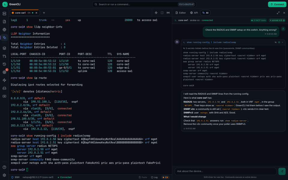 AI Assistant: it ran a show command; the keys in its output show as <secret hidden>.