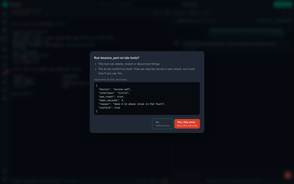 The approval box: an MCP tool that can delete, restart or disconnect things, with its full arguments.