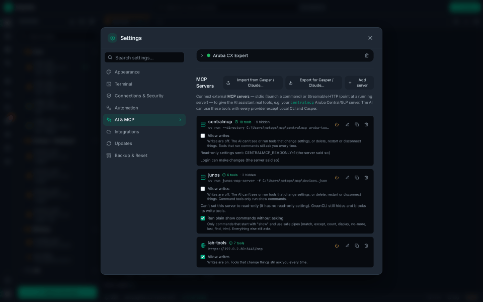 Settings, MCP Servers: writes off, read-only settings, greencli-mcp, and Export for Casper or Claude.