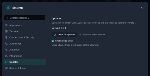 Settings, Updates: version 2.0.1, "You have the latest version." and Check once a day.
