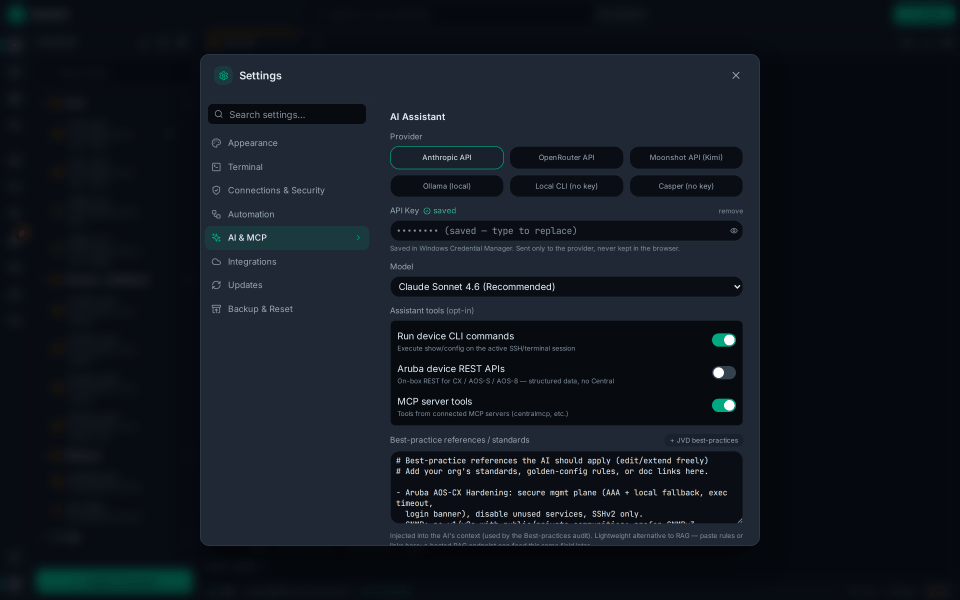 Settings, AI: the provider and model, and "Saved in Windows Credential Manager." under the API key.